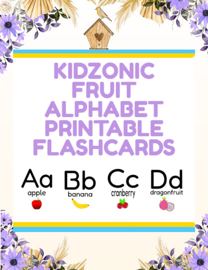 Kidzonic Fruit Alphabet Flashcards - 26 Printable Educational Cards for Early Learning